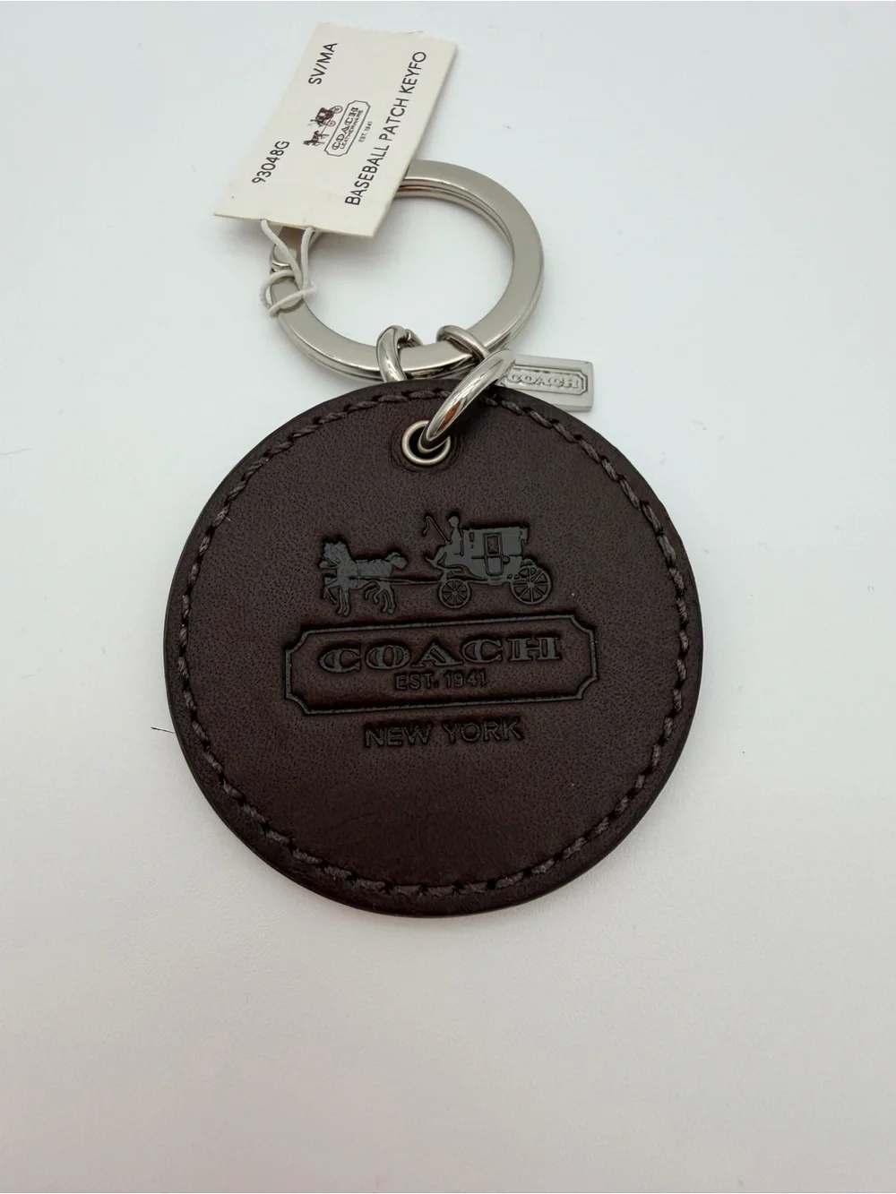 Coach Baseball Patch Leather Keychain Fob Brown Silver Hardware